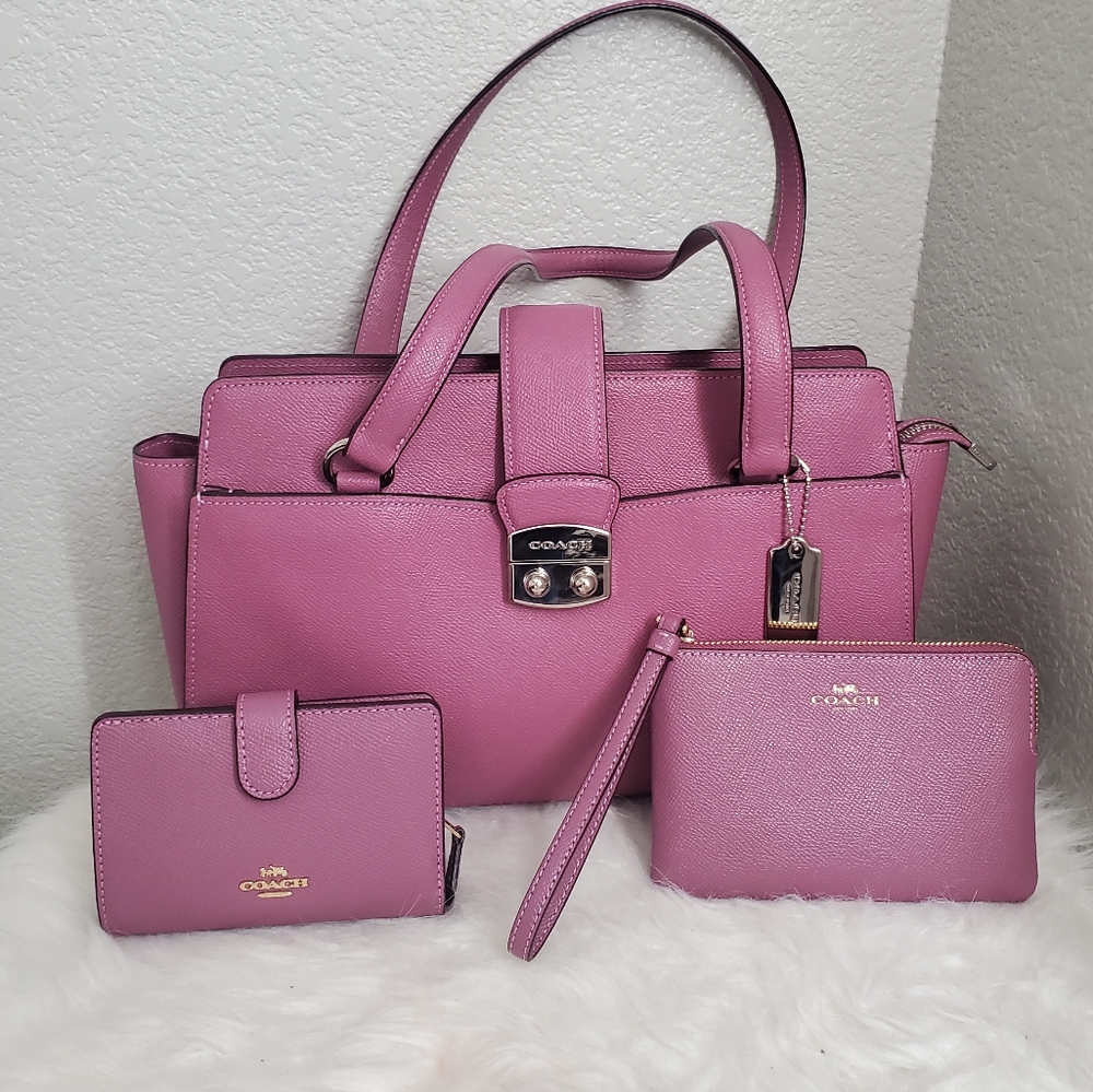 Coach Pink Saffiano Leather Satchel Set with Wallet & Wristlet